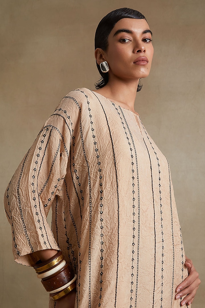 Clay Colored Silk Thread Embroidered Kurta Set by One not two at Pernia's Pop Up Shop