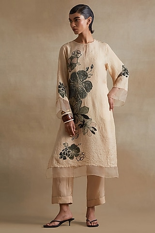 Clay Colored Silk Floral Printed Kurta Set by One not two