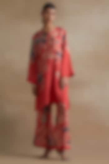 Tomato Colored Silk Floral Printed Co-Ord Set by One not two at Pernia's Pop Up Shop