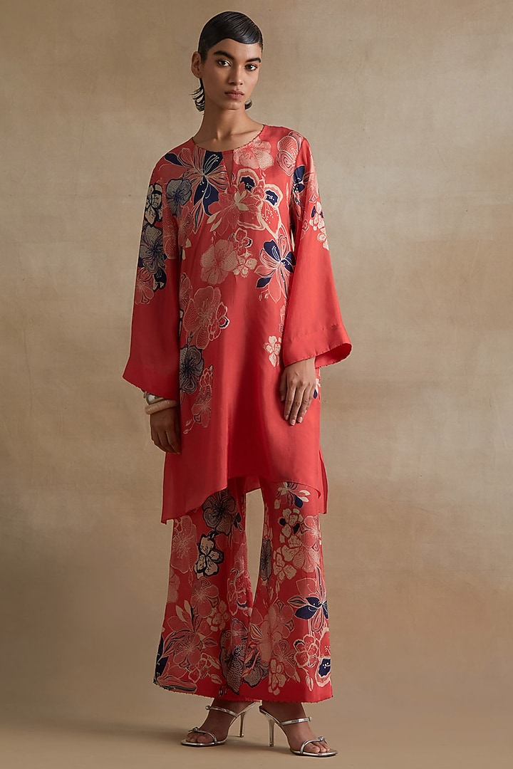 Tomato Colored Silk Floral Printed Co-Ord Set by One not two at Pernia's Pop Up Shop