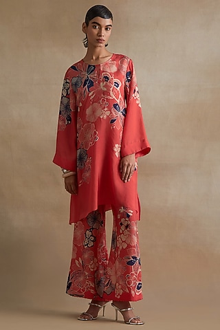 Tomato Colored Silk Floral Printed Co-Ord Set by One not two