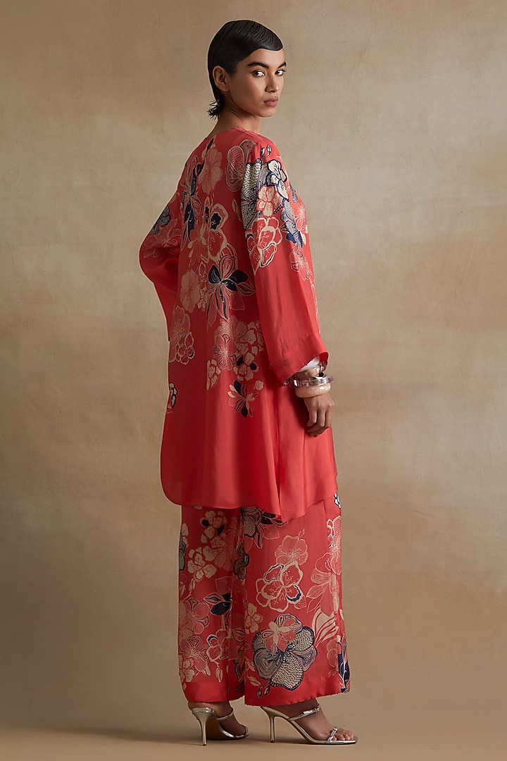 Tomato Colored Silk Floral Printed Co-Ord Set by One not two at Pernia's Pop Up Shop