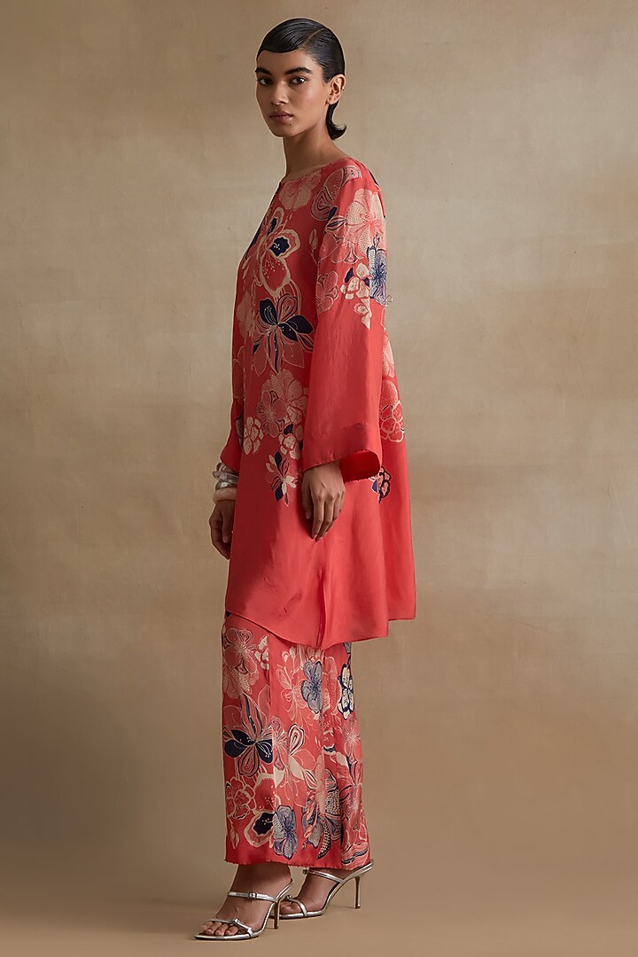 Tomato Colored Silk Floral Printed Co-Ord Set by One not two at Pernia's Pop Up Shop