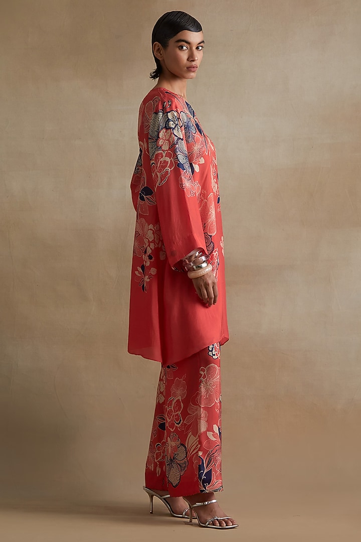 Tomato Colored Silk Floral Printed Co-Ord Set by One not two at Pernia's Pop Up Shop