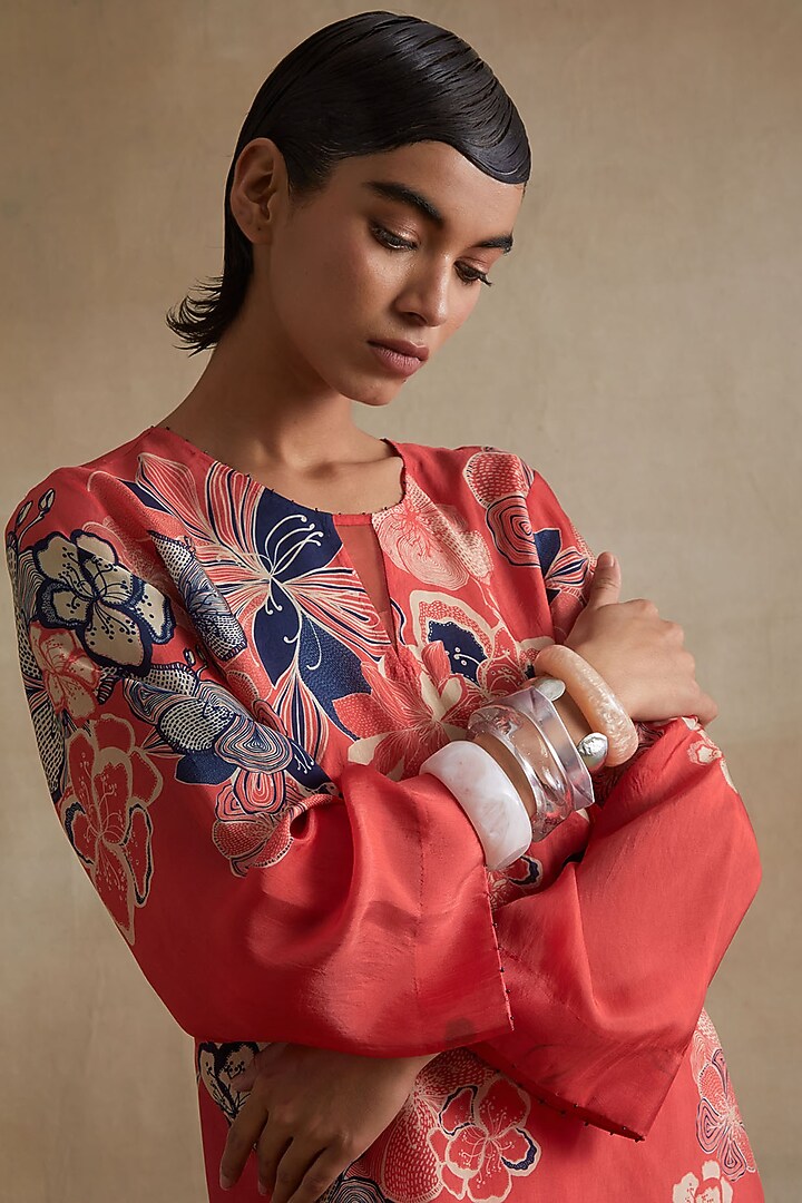 Tomato Colored Silk Floral Printed Co-Ord Set by One not two at Pernia's Pop Up Shop