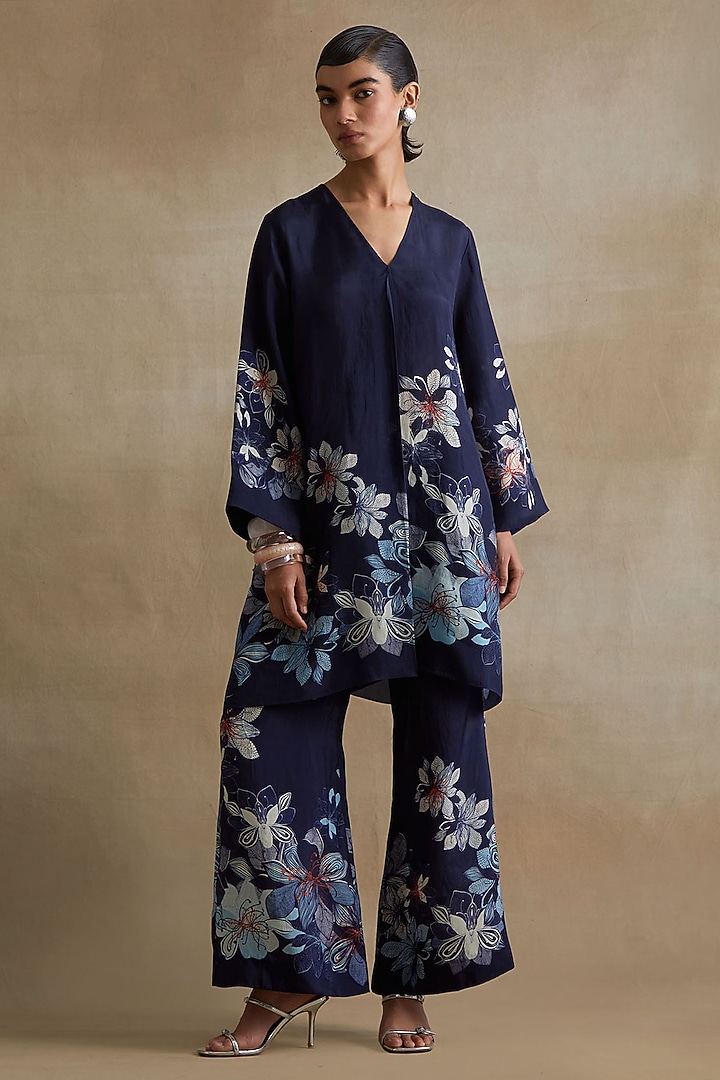 Navy Blue Silk Floral Printed Co-Ord Set by One not two at Pernia's Pop Up Shop