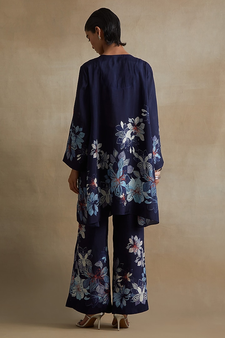 Navy Blue Silk Floral Printed Co-Ord Set by One not two at Pernia's Pop Up Shop