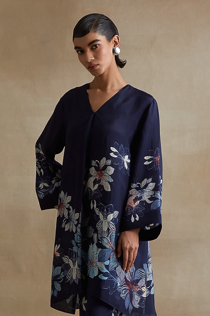Navy Blue Silk Floral Printed Co-Ord Set by One not two at Pernia's Pop Up Shop