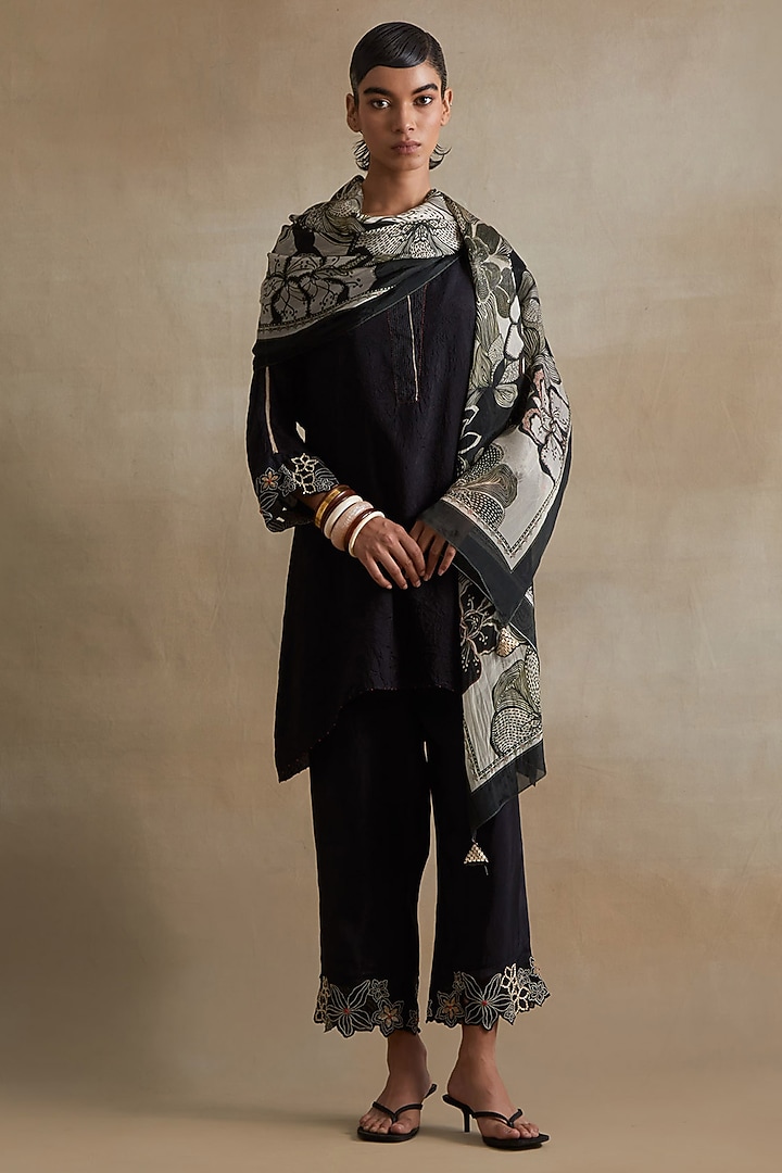 Black Silk Floral Printed Stole by One not two at Pernia's Pop Up Shop