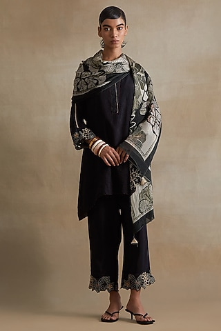 Black Silk Floral Printed Stole by One not two