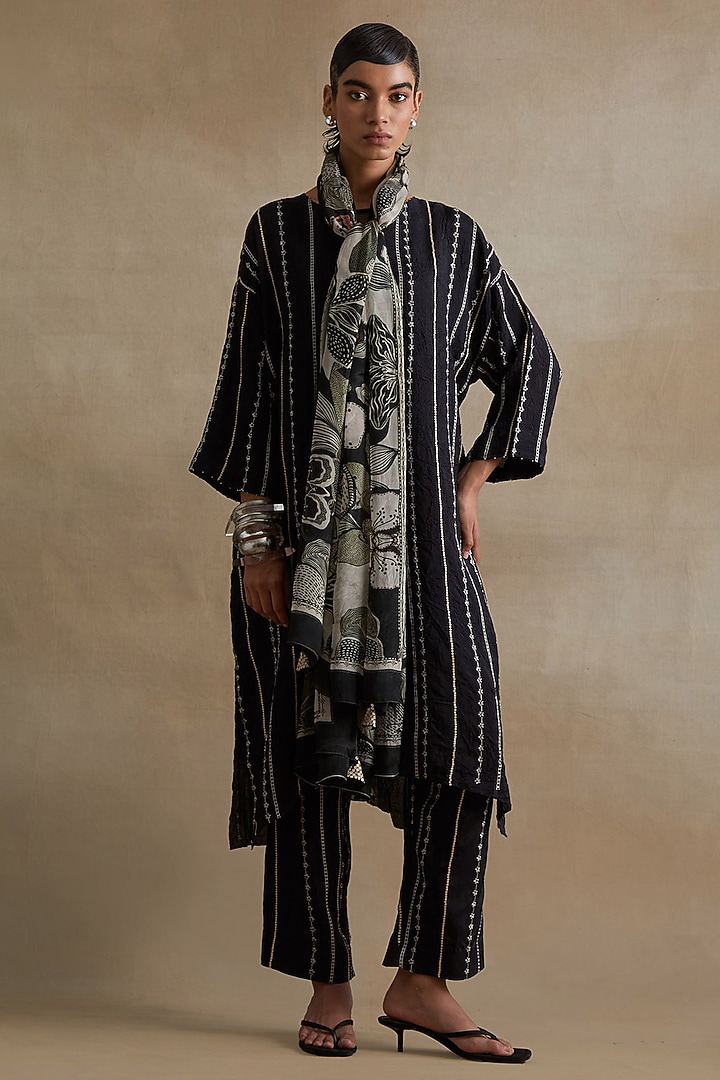 Black Silk Floral Printed Stole by One not two at Pernia's Pop Up Shop