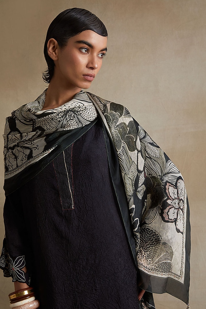 Black Silk Floral Printed Stole by One not two at Pernia's Pop Up Shop
