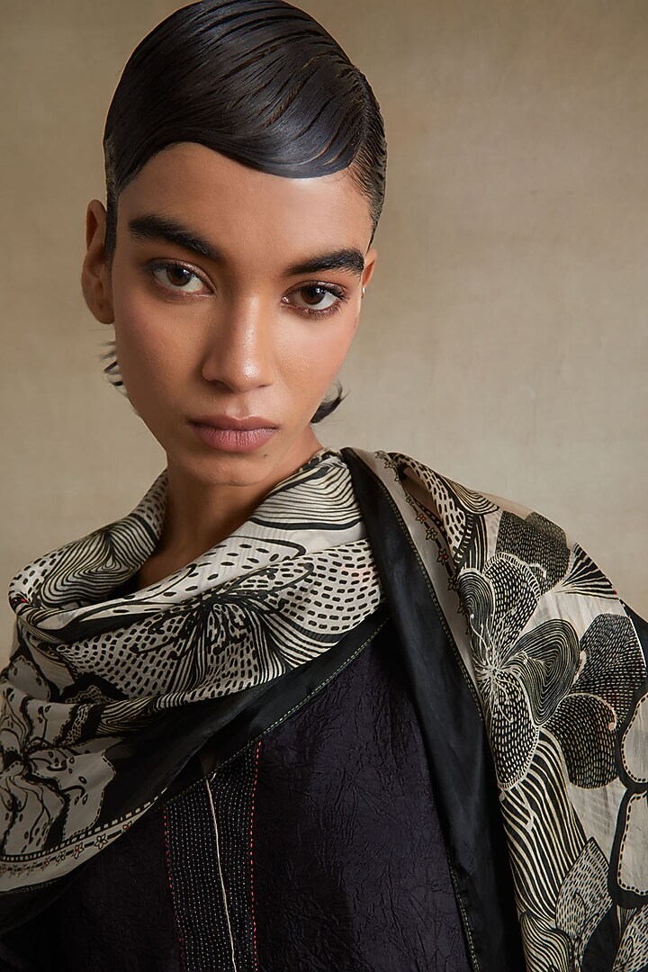 Black Silk Floral Printed Stole by One not two at Pernia's Pop Up Shop