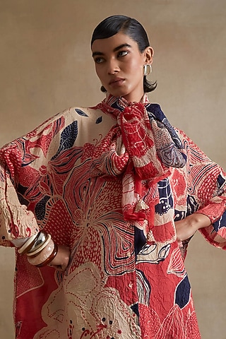 Tomato Colored Silk Floral Printed Stole by One not two