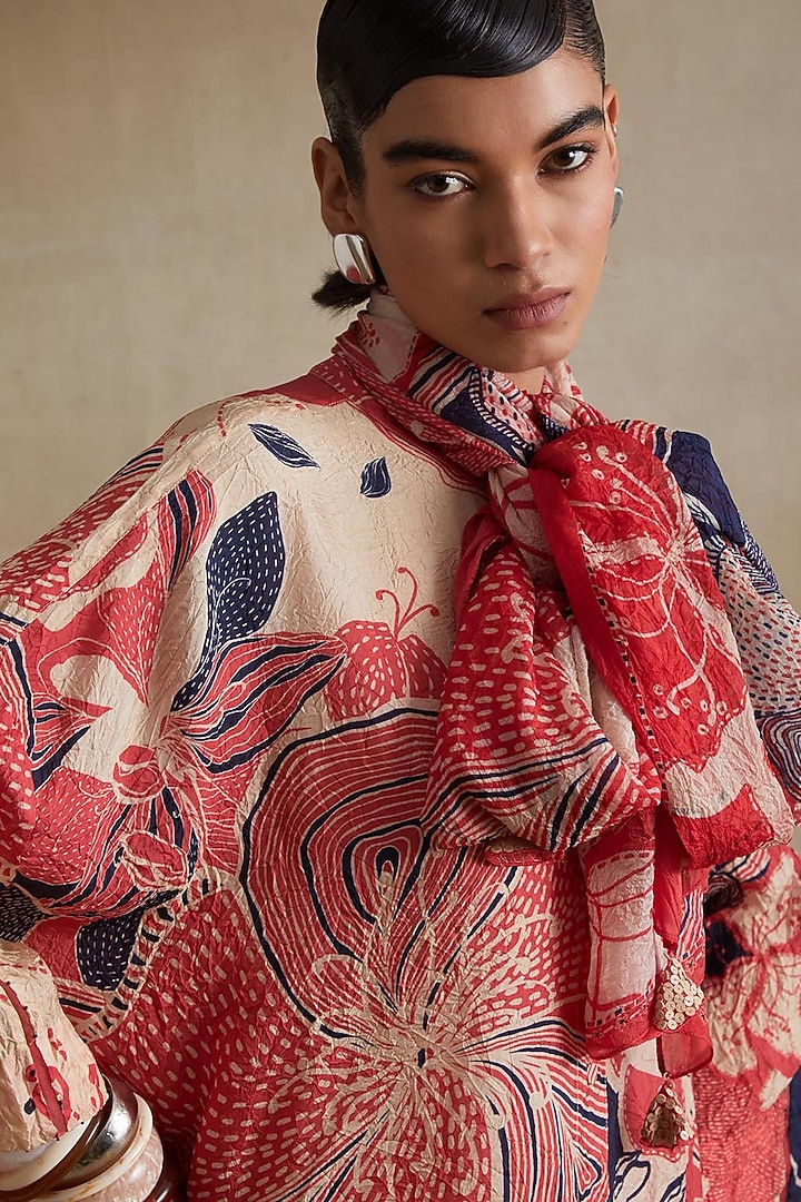 Tomato Colored Silk Floral Printed Stole by One not two at Pernia's Pop Up Shop
