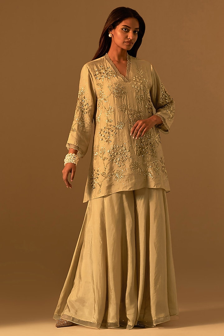 Shell-Colored Silk Wedding Sharara Set by One not two at Pernia's Pop Up Shop