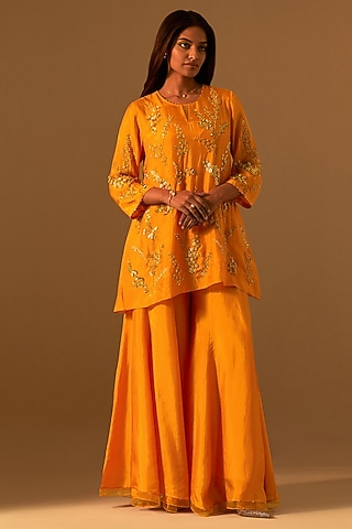 Tangerine-Colored Silk Sharara Set by One not two