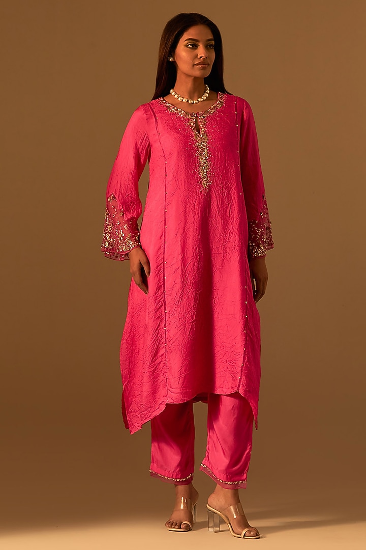 Hot Pink Silk Crystal Embellished Kurta Set by One not two at Pernia's Pop Up Shop