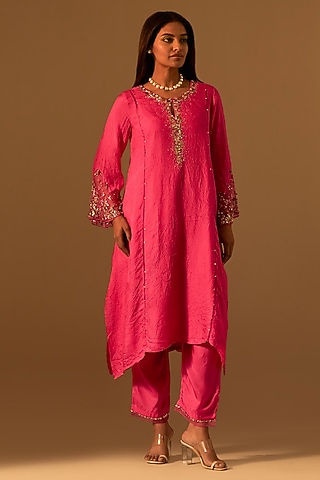 Hot Pink Silk Crystal Embellished Kurta Set by One not two