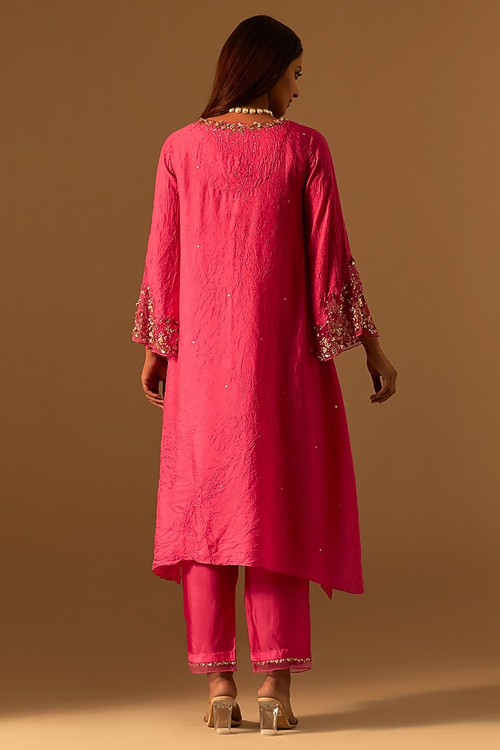 Hot Pink Silk Crystal Embellished Kurta Set by One not two at Pernia's Pop Up Shop