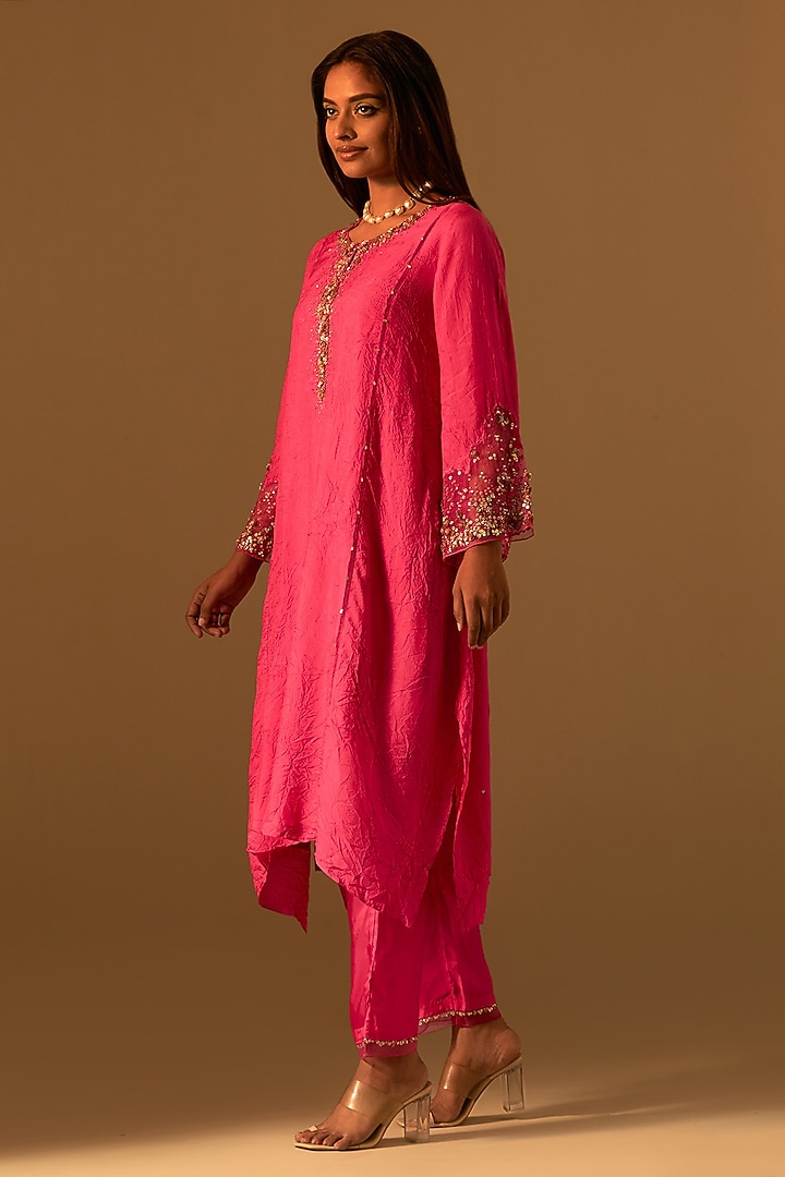 Hot Pink Silk Crystal Embellished Kurta Set by One not two at Pernia's Pop Up Shop