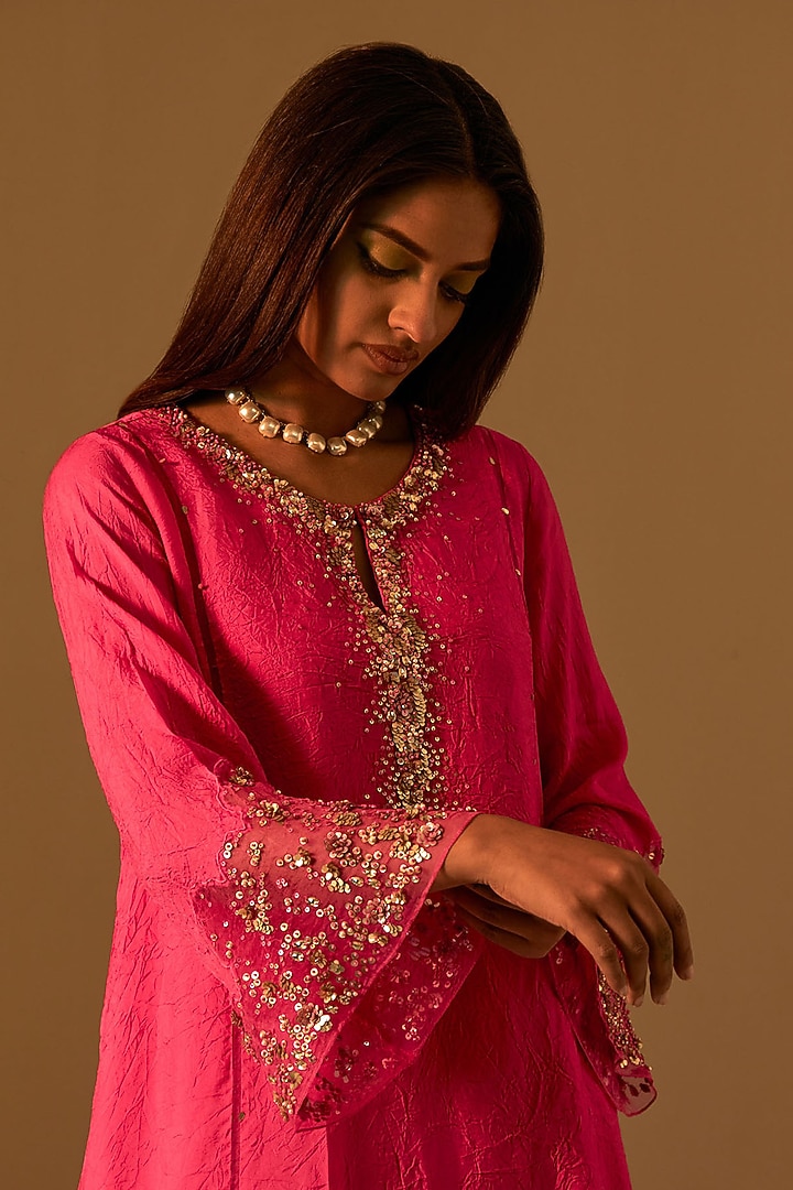 Hot Pink Silk Crystal Embellished Kurta Set by One not two at Pernia's Pop Up Shop