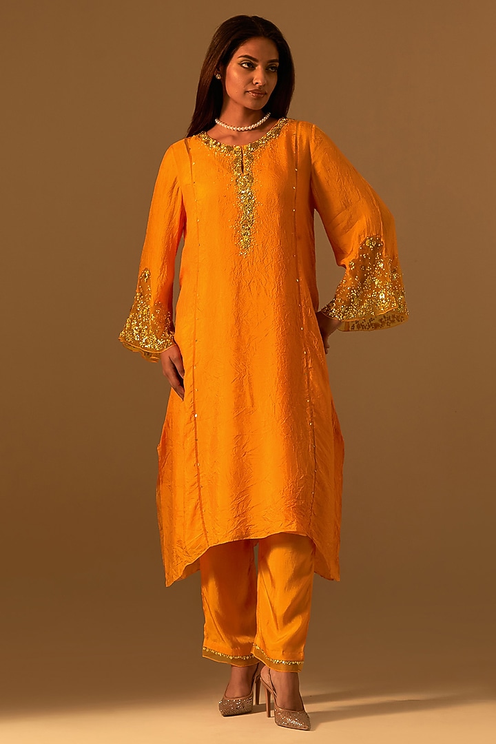 Tangerine-Colored Silk Crystal Embellished Kurta Set by One not two at Pernia's Pop Up Shop