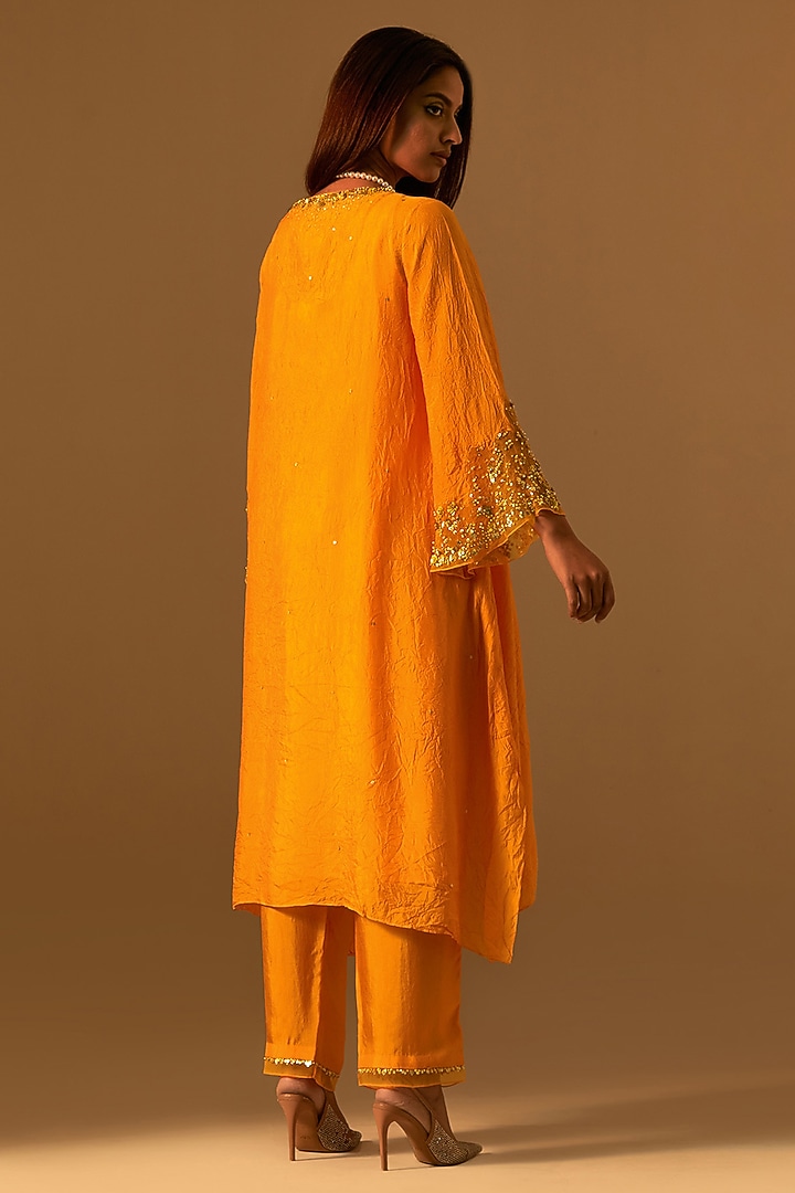Tangerine-Colored Silk Crystal Embellished Kurta Set by One not two at Pernia's Pop Up Shop