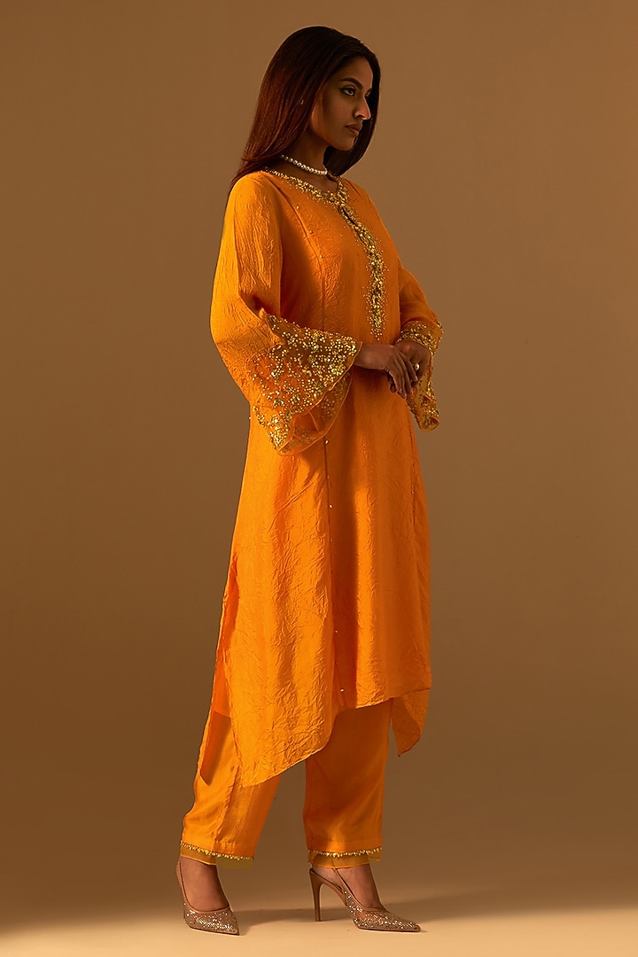 Tangerine-Colored Silk Crystal Embellished Kurta Set by One not two at Pernia's Pop Up Shop