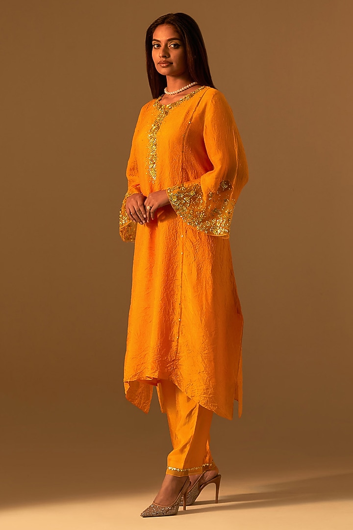 Tangerine-Colored Silk Crystal Embellished Kurta Set by One not two at Pernia's Pop Up Shop