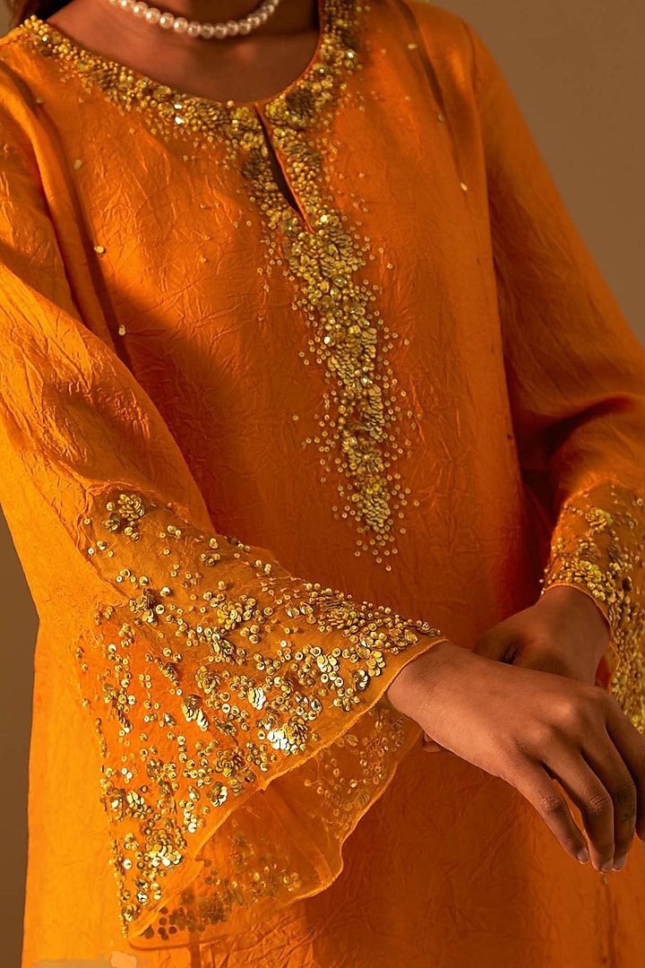 Tangerine-Colored Silk Crystal Embellished Kurta Set by One not two at Pernia's Pop Up Shop