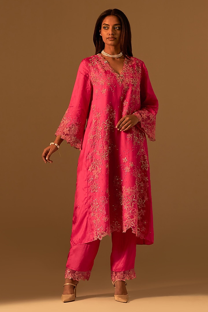 Hot Pink Silk Organza Floral Thread Embroidered Kurta Set by One not two at Pernia's Pop Up Shop