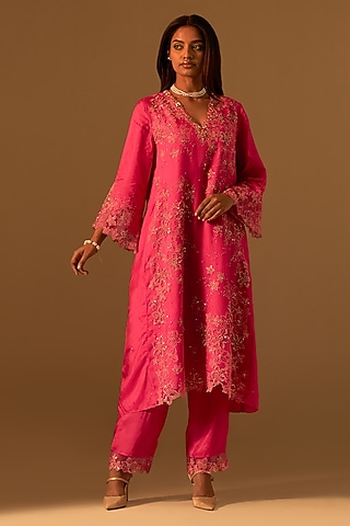 Hot Pink Silk Organza Floral Thread Embroidered Kurta Set by One not two