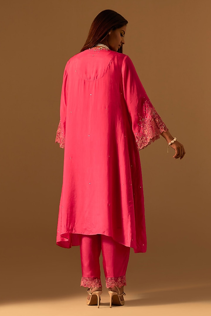 Hot Pink Silk Organza Floral Thread Embroidered Kurta Set by One not two at Pernia's Pop Up Shop