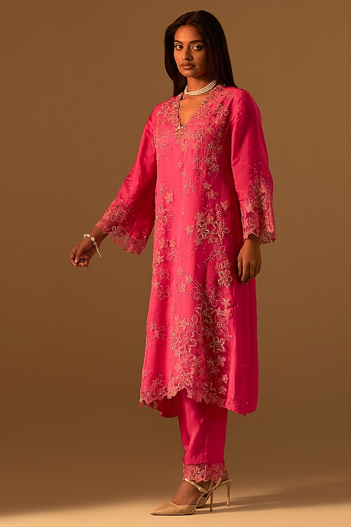 Hot Pink Silk Organza Floral Thread Embroidered Kurta Set by One not two at Pernia's Pop Up Shop