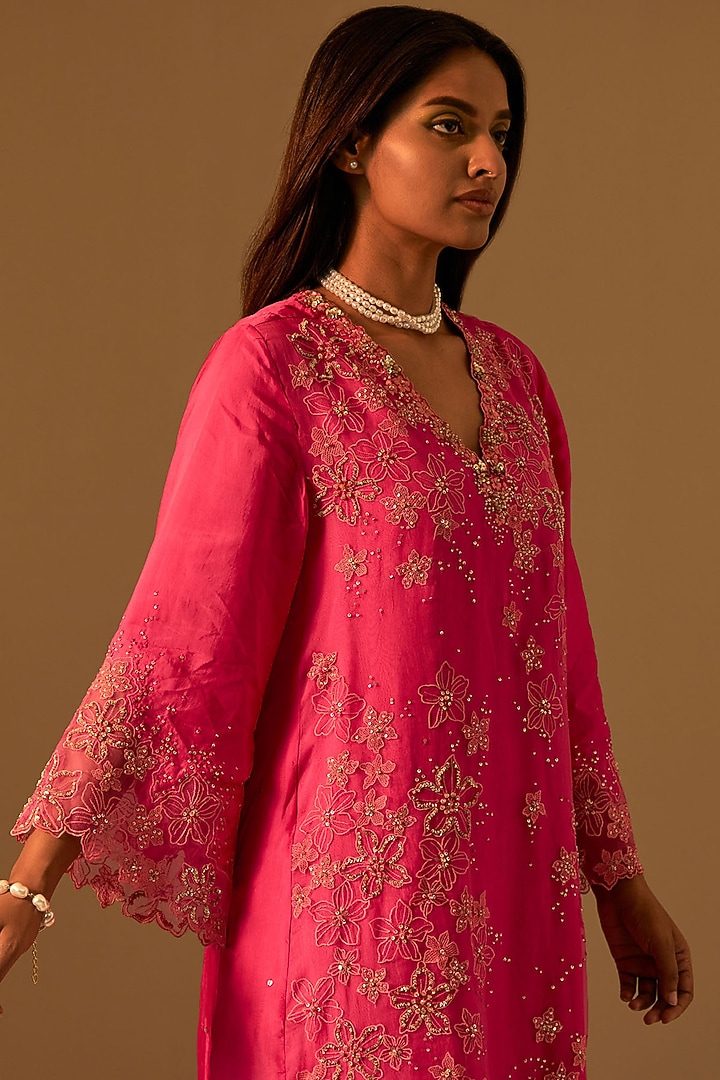 Hot Pink Silk Organza Floral Thread Embroidered Kurta Set by One not two at Pernia's Pop Up Shop