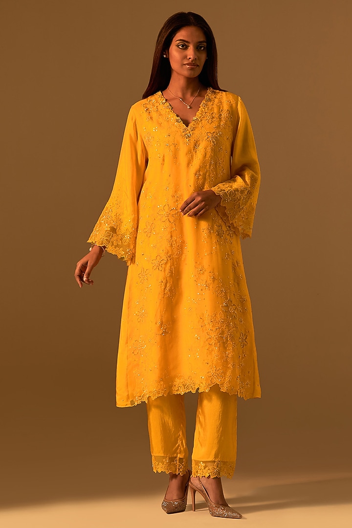 Saffron Silk Organza Floral Thread Embroidered Kurta Set by One not two at Pernia's Pop Up Shop