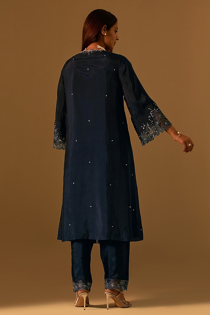 Navy Silk Organza Thread Embroidered Kurta Set by One not two at Pernia's Pop Up Shop