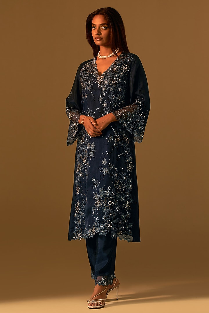 Navy Silk Organza Thread Embroidered Kurta Set by One not two at Pernia's Pop Up Shop
