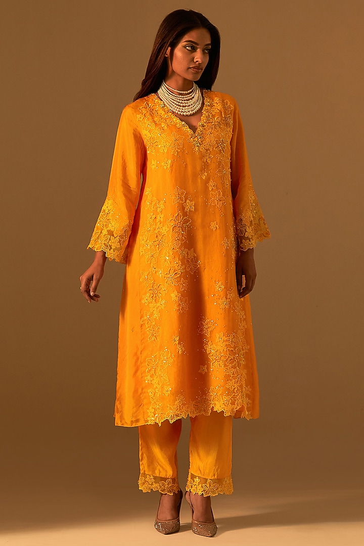 Tangerine-Colored Silk Bead Hand Embroidered Kurta Set by One not two at Pernia's Pop Up Shop