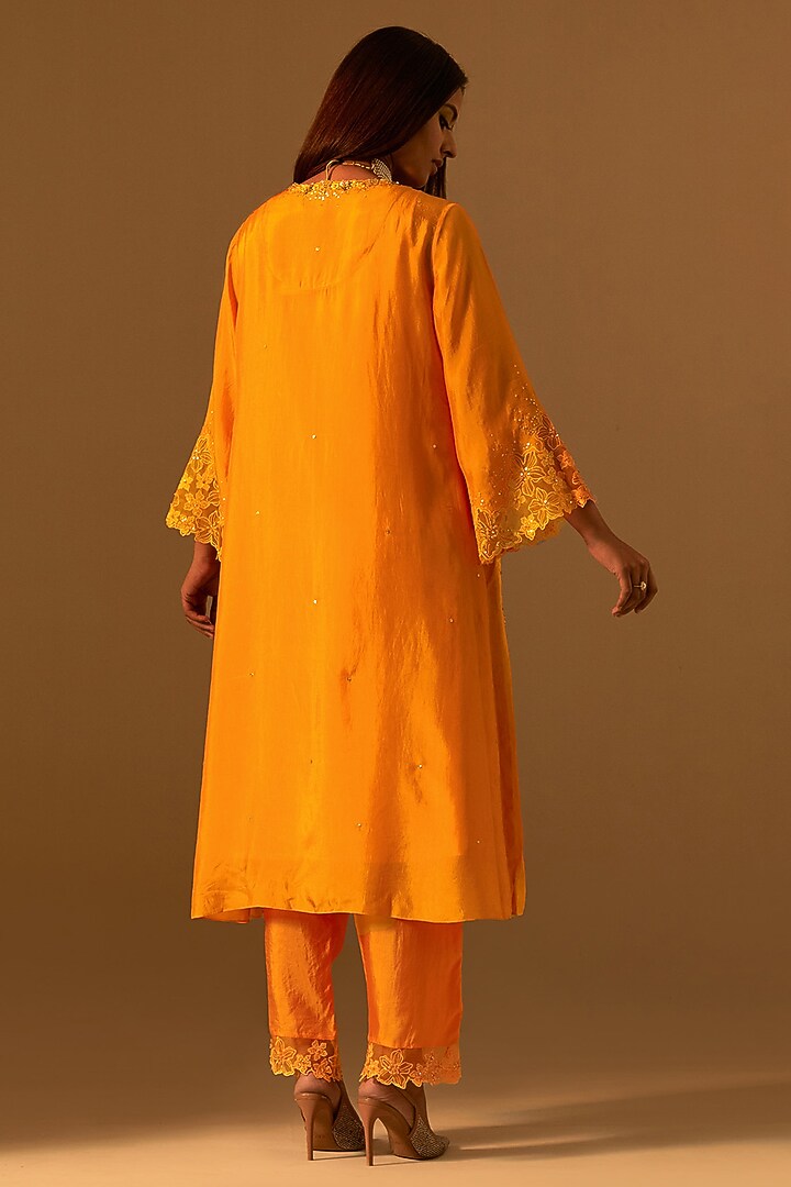 Tangerine-Colored Silk Bead Hand Embroidered Kurta Set by One not two at Pernia's Pop Up Shop