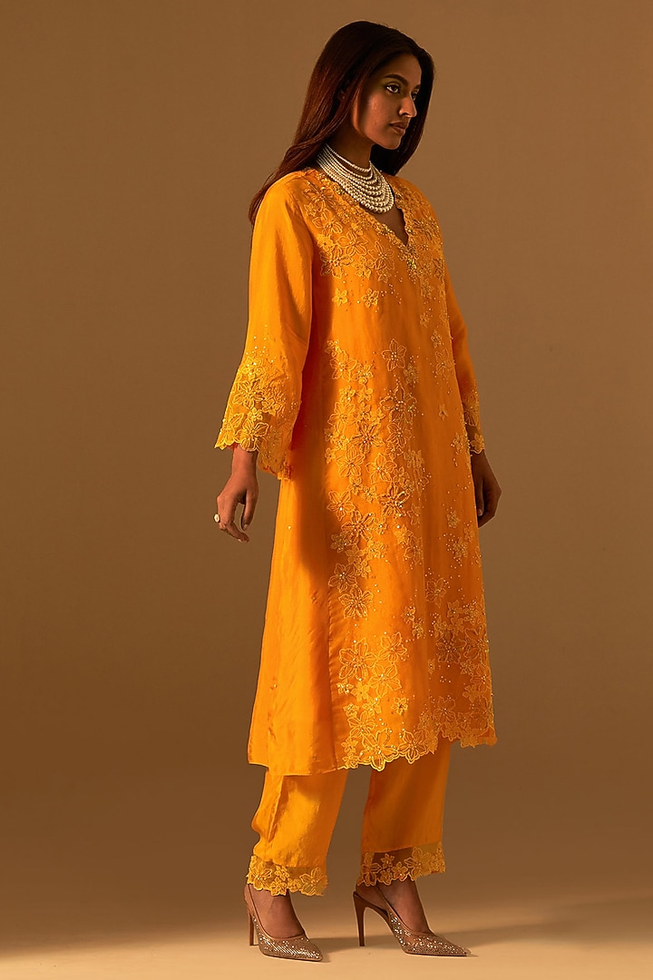 Tangerine-Colored Silk Bead Hand Embroidered Kurta Set by One not two at Pernia's Pop Up Shop