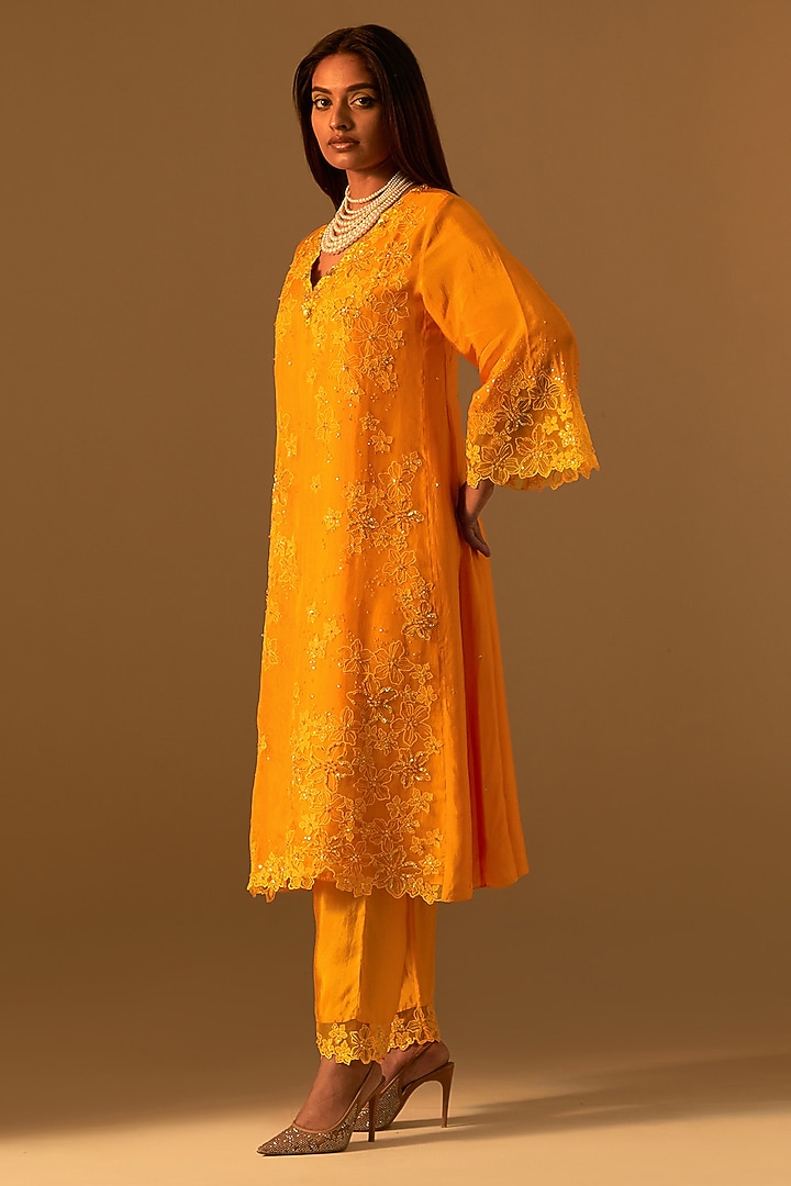 Tangerine-Colored Silk Bead Hand Embroidered Kurta Set by One not two at Pernia's Pop Up Shop