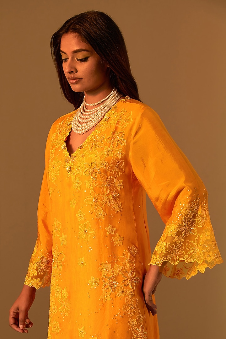 Tangerine-Colored Silk Bead Hand Embroidered Kurta Set by One not two at Pernia's Pop Up Shop