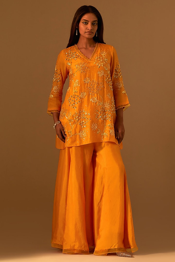 Tangerine-Colored Silk Wedding Sharara Set by One not two at Pernia's Pop Up Shop