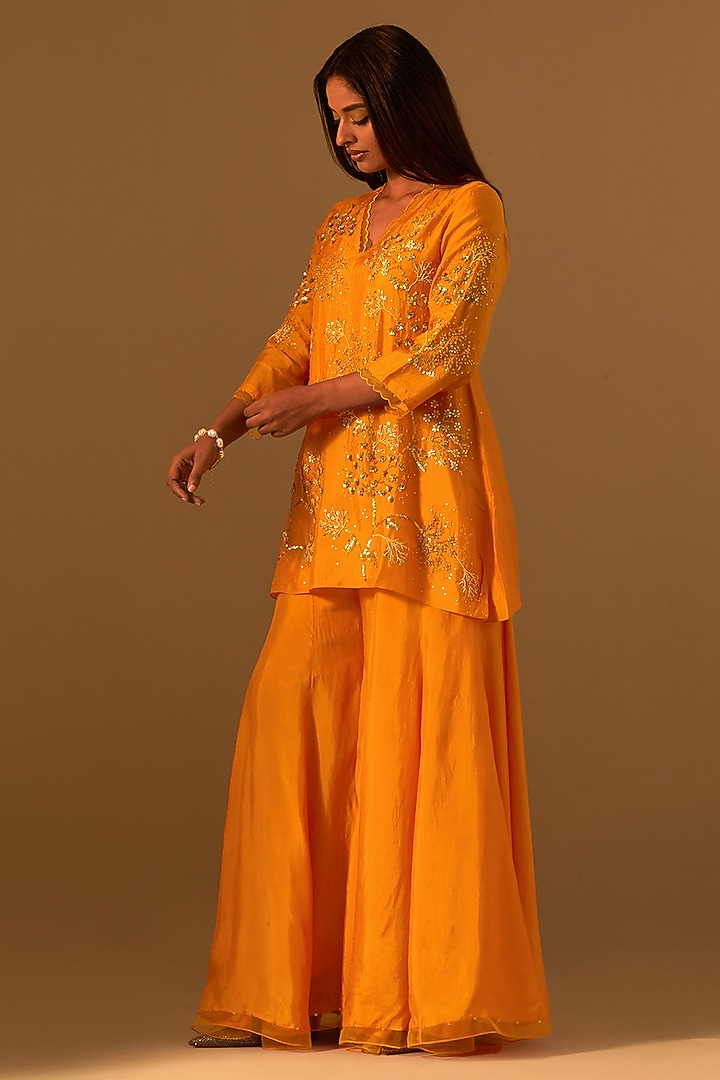 Tangerine-Colored Silk Wedding Sharara Set by One not two at Pernia's Pop Up Shop
