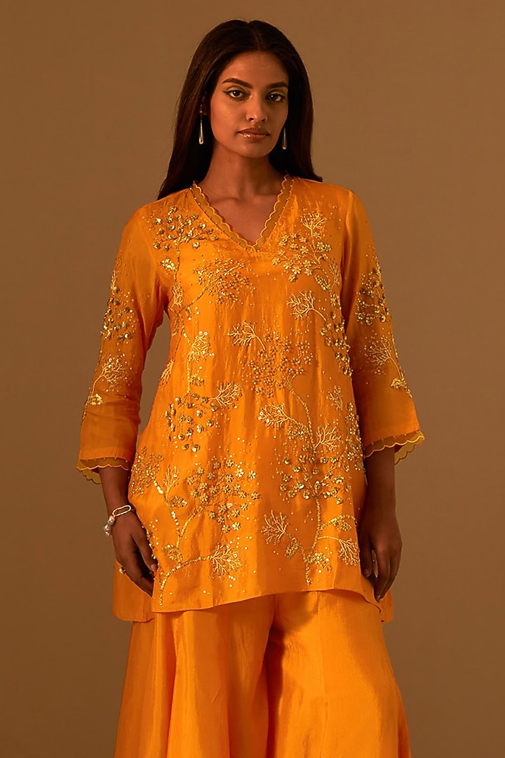 Tangerine-Colored Silk Wedding Sharara Set by One not two at Pernia's Pop Up Shop