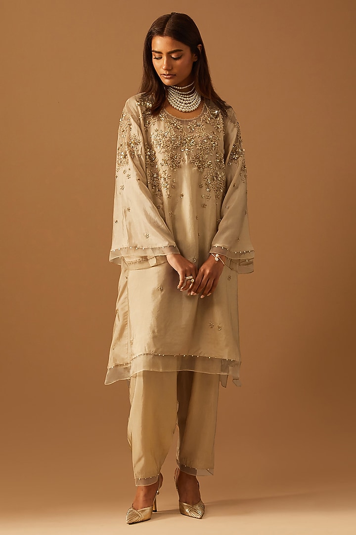 Shell-Colored Silk Hand Embroidered Kurta Set by One not two at Pernia's Pop Up Shop