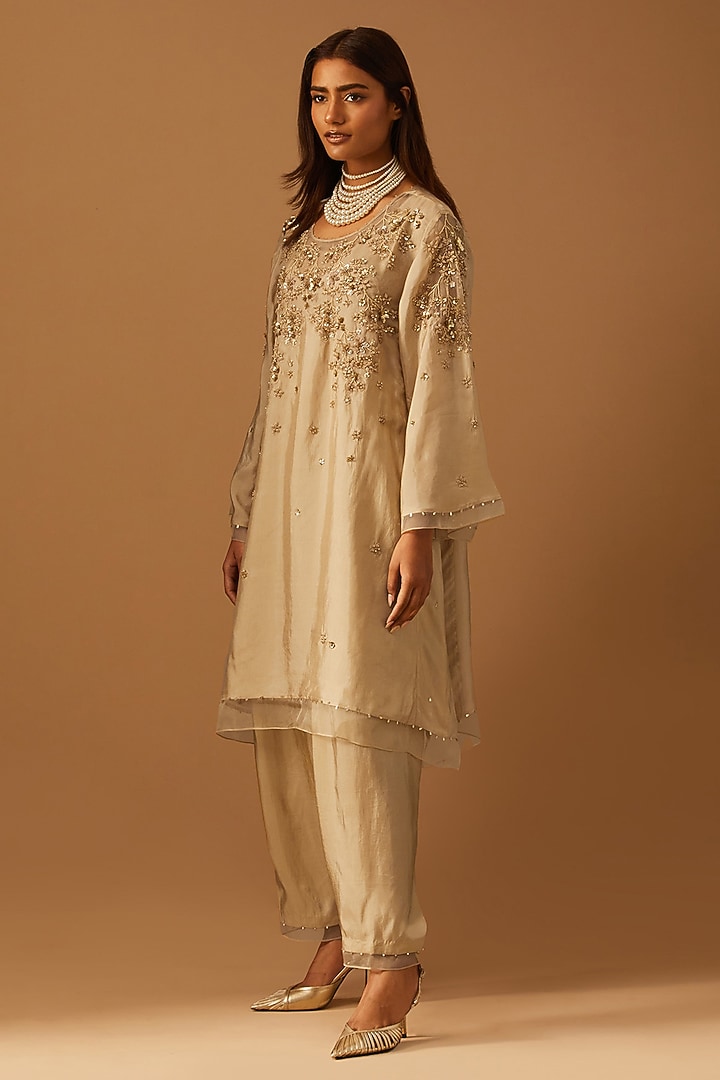 Shell-Colored Silk Hand Embroidered Kurta Set by One not two at Pernia's Pop Up Shop