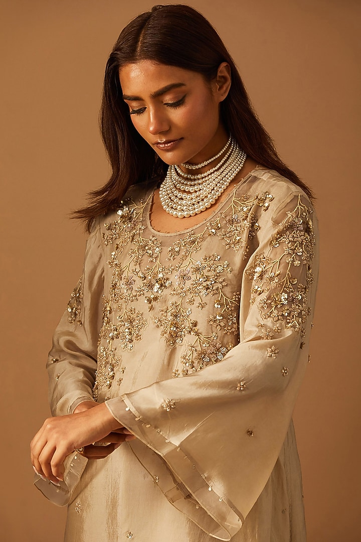 Shell-Colored Silk Hand Embroidered Kurta Set by One not two at Pernia's Pop Up Shop